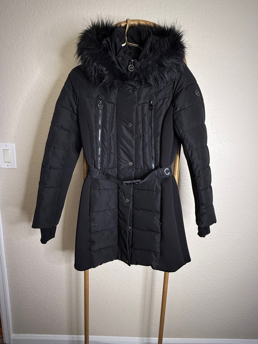 Michael Kors Black Quilted Puffer Coat with Faux Fur Hood